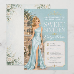 Light Blue Sweet 16 Garden Fountain Party Invitation