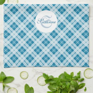Light Blue tartan Christmas pattern Monogram Tea Towel