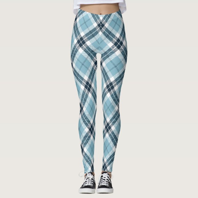 Light Blue tartan Plaid Scottish Argyle Pattern Leggings (Front)