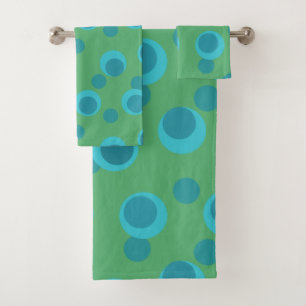 Light Blue, Teal, Slate retro dots on Olive Bath Towel Set