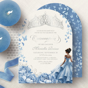 Light Blue Tiara Butterflies Flowers Quinceanera Invitation