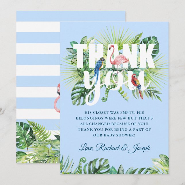 Light Blue Tropical Leaves Flamingo Baby Shower Thank You Card (Front/Back)