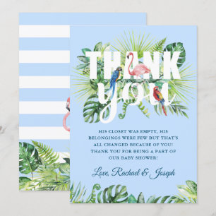 Light Blue Tropical Leaves Flamingo Baby Shower Thank You Card