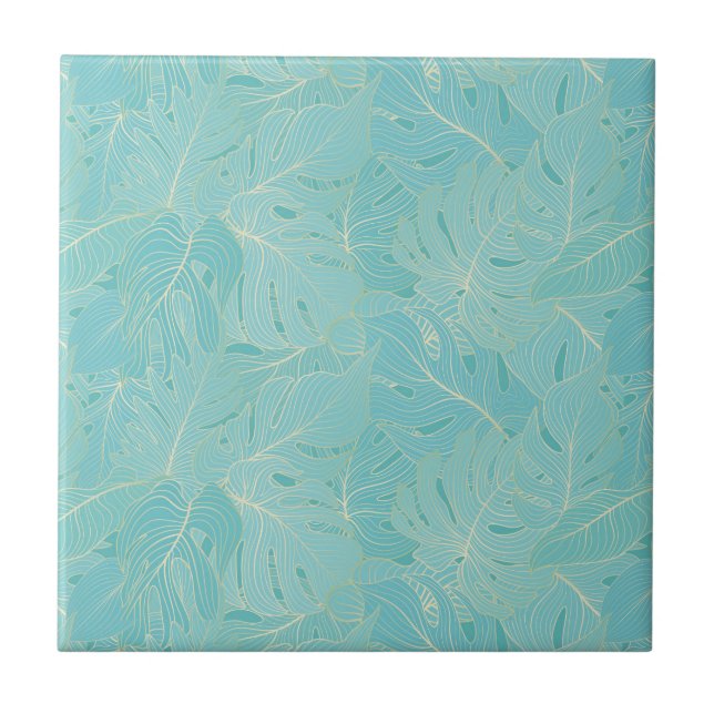 Light blue tropical palm leaves luxury pattern tile (Front)
