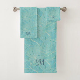 Light blue tropical palm leaves pattern bath towel set