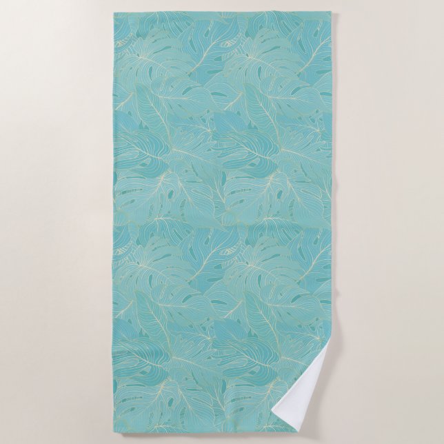 Light blue tropical palm leaves pattern beach towel (Front)