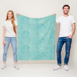 Light blue tropical palm leaves pattern fleece blanket