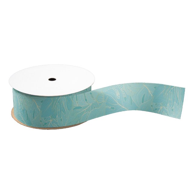 Light blue tropical palm leaves pattern grosgrain ribbon (Spool)