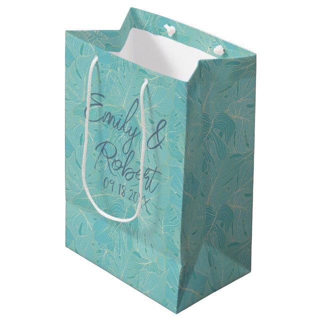 Light blue tropical palm leaves pattern medium gift bag (Front Angled)