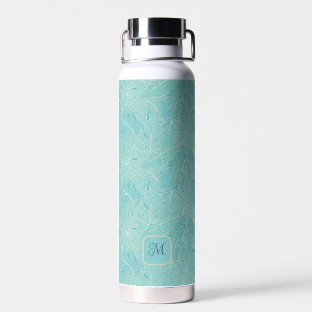 Light blue tropical palm leaves pattern water bottle (Back)