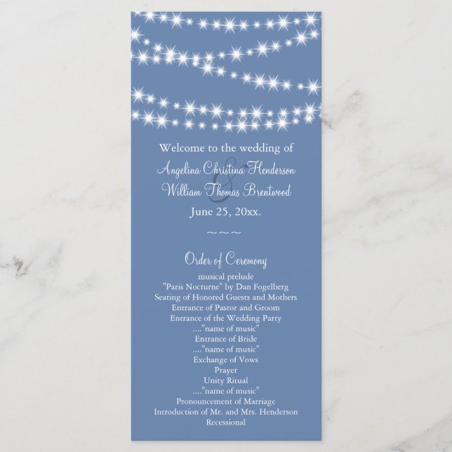 Light Blue Twinkle Lights Wedding Program Programme (Front)