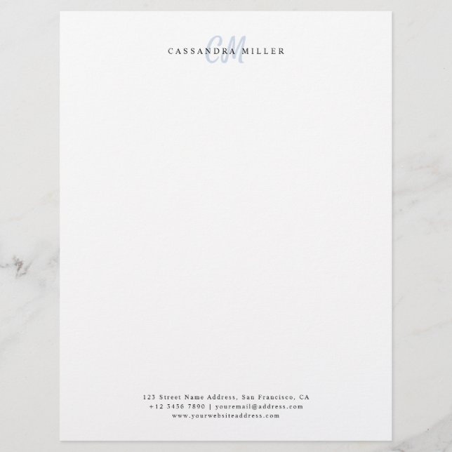 Light Blue Two Letter Initial Monogram Name Office Custom Letterhead (Front)