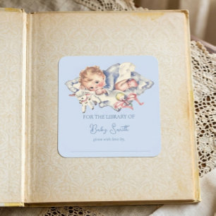 Light Blue Vintage Baby Boy Baby Shower Book Plate Square Sticker