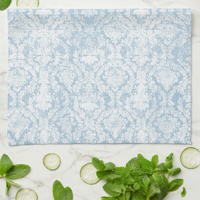 light blue vintage damask pattern tea towel (Folded)