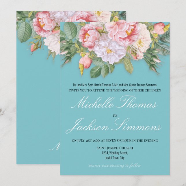 Light Blue Vintage Pink Roses Romantic Wedding Invitation (Front/Back)