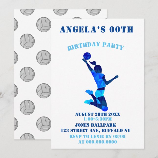 Light Blue Volleyball Birthday Party Invites (Front/Back)