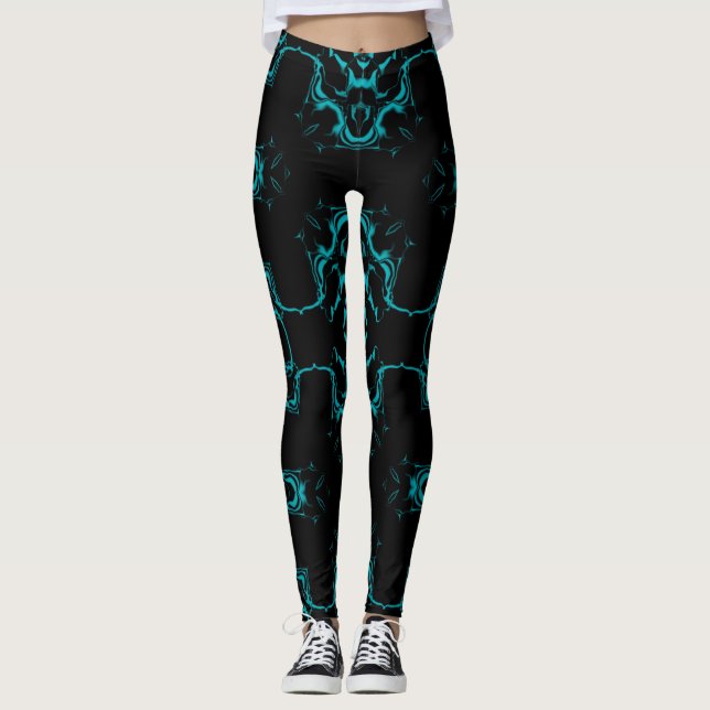 Light Blue w/Black Kaleidoscope Pattern #1 Leggings (Front)