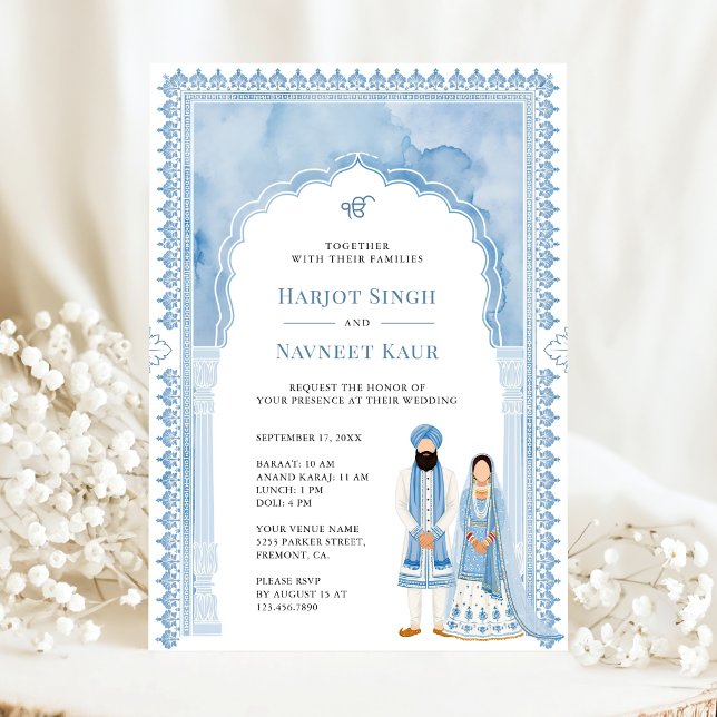 Light Blue Watercolor Arch Frame Sikh Wedding Invitation (Creator Uploaded)