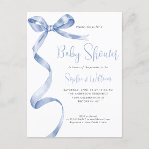 Light Blue Watercolor Bow Ribbon Boy Baby Shower Postcard