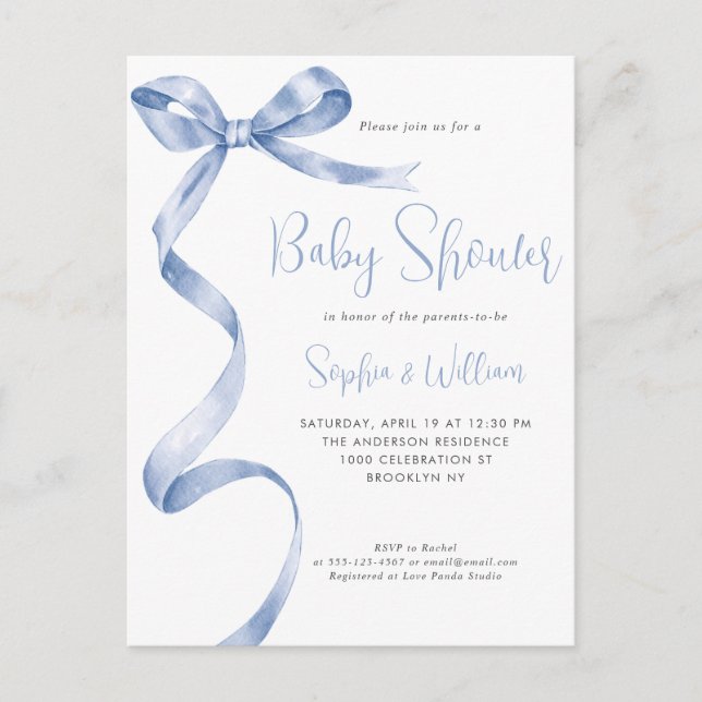 Light Blue Watercolor Bow Ribbon Boy Baby Shower Postcard (Front)