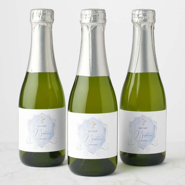 Light Blue Watercolor Crest Baptism Sparkling Wine Label (Bottles)
