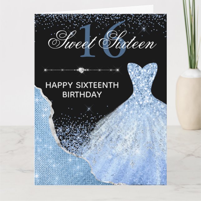 Light Blue Watercolor Dress Sweet 16 Birthday Card (Front)