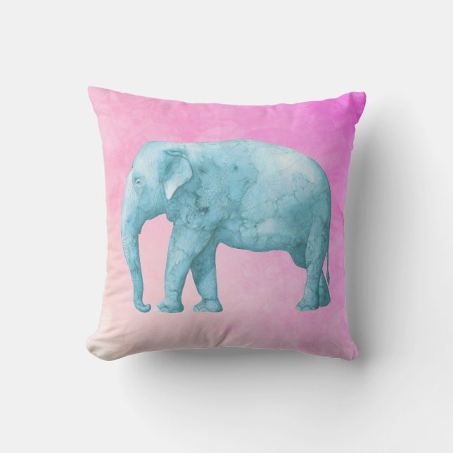 Light Blue Watercolor Elephant on Pink Background Cushion (Front)