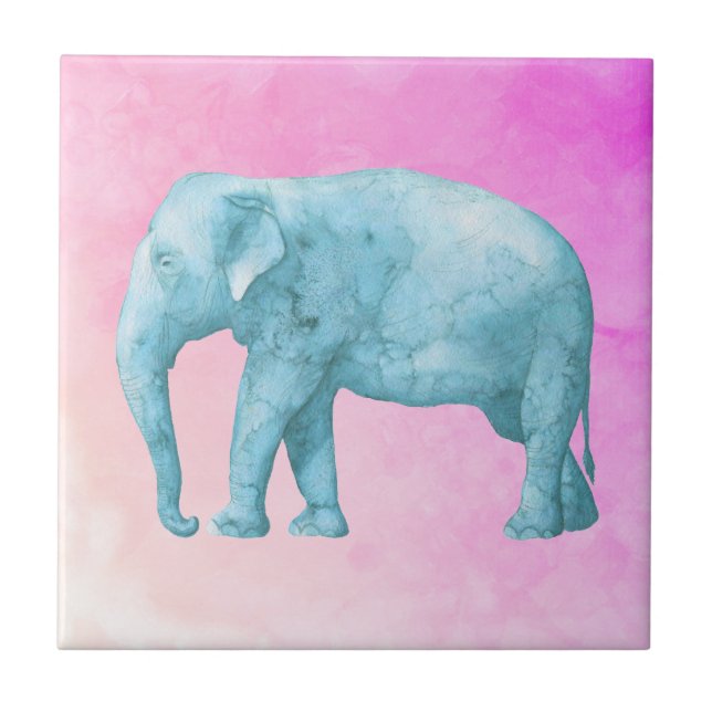 Light Blue Watercolor Elephant on Pink Background Tile (Front)