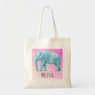Light Blue Watercolor Elephant on Pink Background Tote Bag