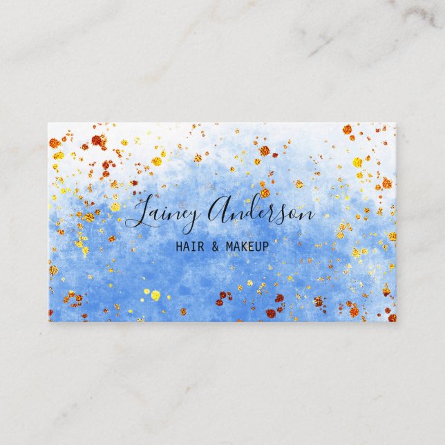 Light blue watercolor faux gold foil glitter business card (Front)