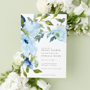 Light Blue Watercolor Floral Bloom Bridal Shower Invitation