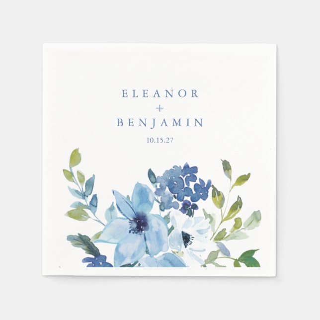 Light Blue Watercolor Floral Wedding Names Custom Napkin (Front)