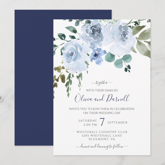 Light Blue Watercolor Floral Wedding | Navy Invitation (Front/Back)