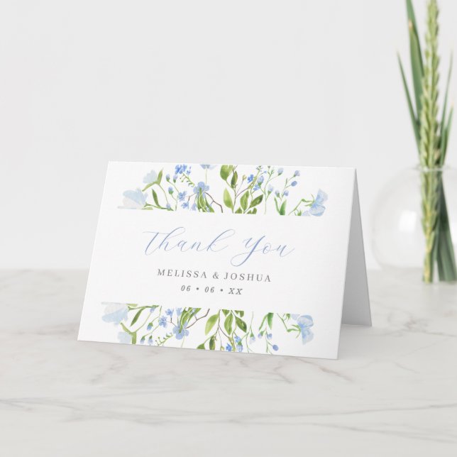 Light Blue Watercolor Floral Wedding Thank You Card (Front)