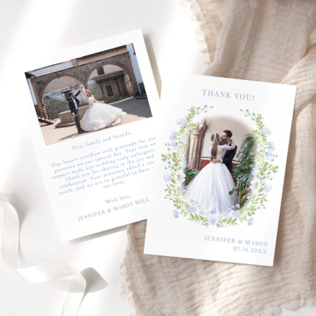 Light blue watercolor flower Wedding Photo Thank You Card (Creator Uploaded)