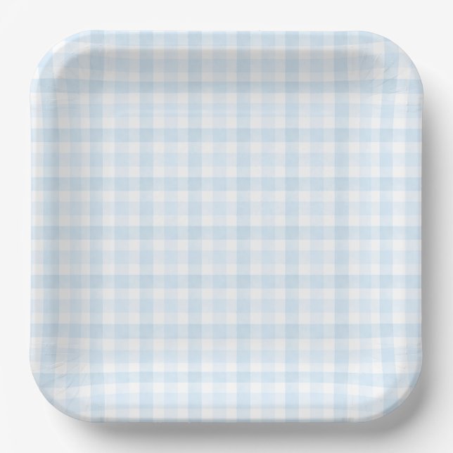Light Blue Watercolor Gingham Paper Plate (Front)