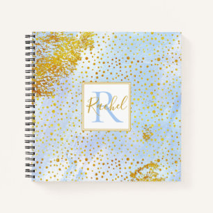 Light blue watercolor, gold confetti monogram notebook
