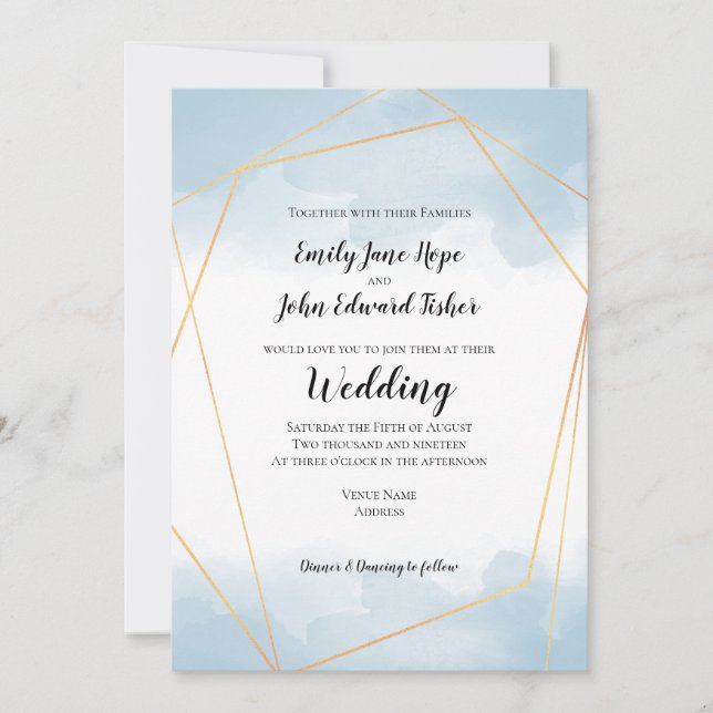 Light Blue Watercolor Gold Geometric Wedding Invitation (Front)