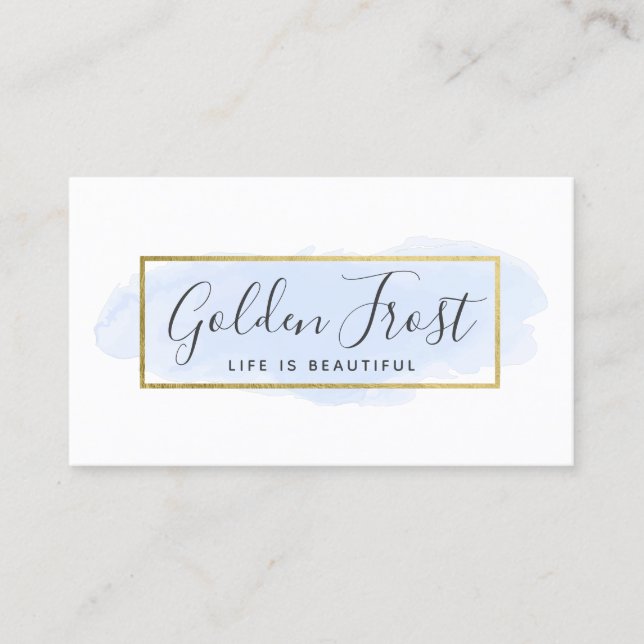 Light Blue Watercolor & Modern Gold Geometric Chic Business Card (Front)