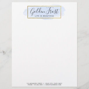 Light Blue Watercolor & Modern Gold Geometric Chic Custom Letterhead