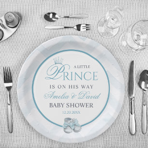 Light Blue Watercolor Prince Baby Shower Paper Plate