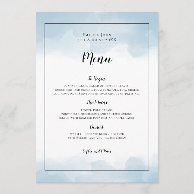 Light Blue Watercolors Black Script Wedding Menu (Front)