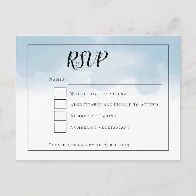 Light Blue Watercolors Script Wedding RSVP Postcard (Front)