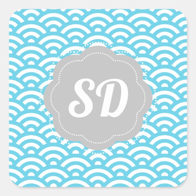 Light Blue Wave Custom Monogram Square Sticker (Front)