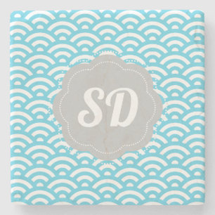 Light Blue Wave Custom Monogram Stone Coaster