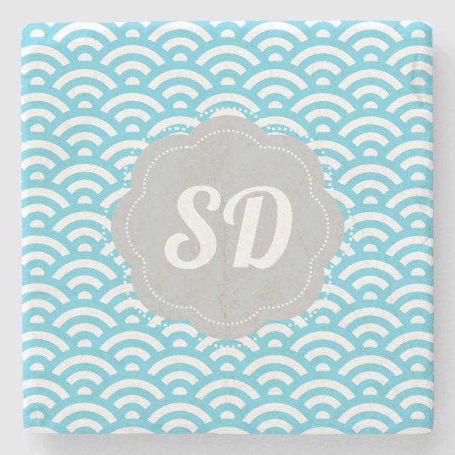 Light Blue Wave Custom Monogram Stone Coaster (Front)