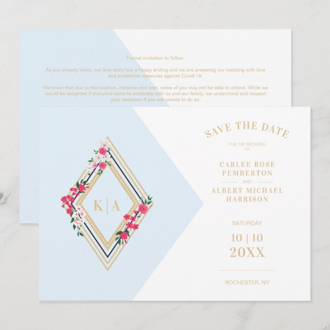 Light Blue Wedding Initials Floral Diamond Shape Save The Date (Front/Back)