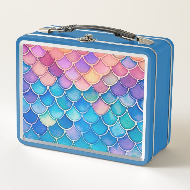 Light Blue Whimsical Mermaid Scales Metal Lunchbox (Front)