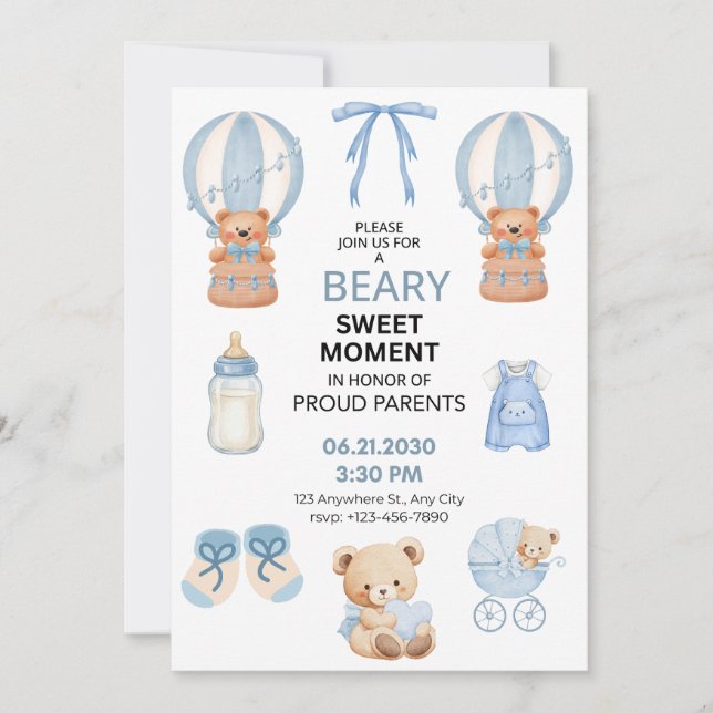 LIGHT BLUE WHITE 5X7 BEAR BOY BABY SHOWER SAVE THE DATE (Front)