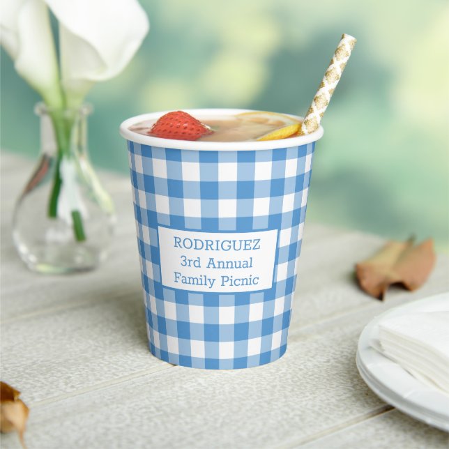 Light Blue White Buffalo Check Name Family Picnic Paper Cups (Insitu)